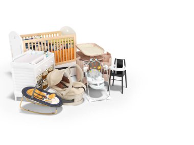 Bebek beşiği beşiği için üç boyutlu mobilya ve aksesuar tasarımı beyaz arka planı gölgeli beslemek için masa koltuğu değiştirmek