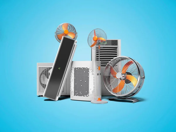 3d rendering concept orange fans air conditioners and portable air conditioners blue background with shadow