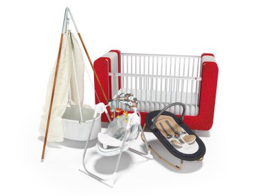 Uyuyan bebek için 3D görüntüleme seti, kırmızı yatak ve beyaz arka planda gölgeli oyuncaklı sallanan sandalye