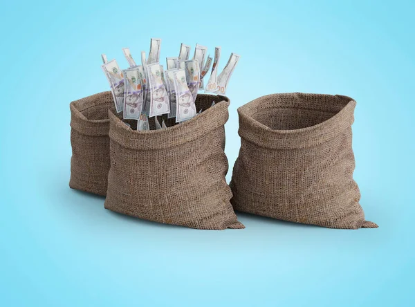 3D rending para kavramı mavi arkaplan üzerine gölge ile çanta düşüyor