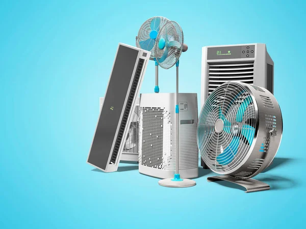 3d rendering of blue fans air conditioners and portable air conditioners for air cooling blue background with shadow