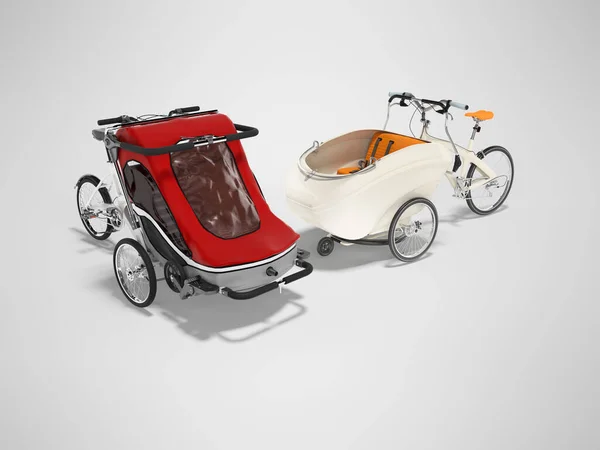 Rendering Set White Adult Bicycle Stroller Children Open Type Gray — Stock Photo, Image