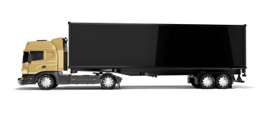 3D rending kahverengi yol nakliye kamyonu siyah yarı karavan yan görünümü ile gölgeli beyaz arkaplan