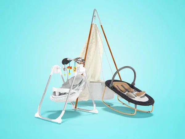 Rendering Set Sleeping Baby Rocking Crib Rocking Chair Toys Blue — Stock Photo, Image