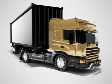 Gri arkaplan üzerinde siyah yarı karavan manzaralı kahverengi yol nakliyecisi