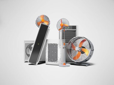 3D görüntüleme konsepti turuncu yelpazeli klimalar ve taşınabilir klimalar gölgeli gri arka plan