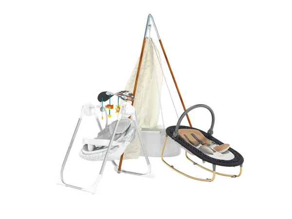 Rendering Set Sleeping Baby Rocking Crib Rocking Chair Toys White — Stock Photo, Image