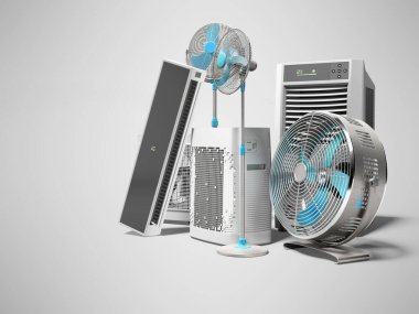 3D mavi vantilatör klimaları ve portatif klimalar serinletici gri arka plan ve gölgeli