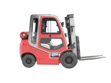 Depo yan görünümü için 3D görüntüleme kırmızı gaz forklift beyaz arkaplanda gölge yok