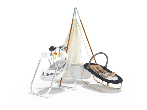 Rendering Set Sleeping Baby Rocking Crib Rocking Chair Toys White — Stock Photo, Image