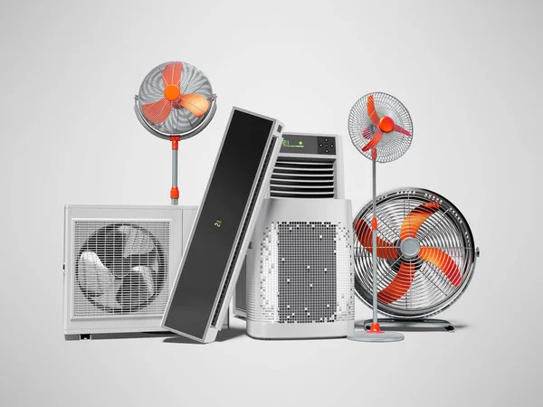 3d rendering orange fans air conditioners and portable air conditioners gray background with shadow