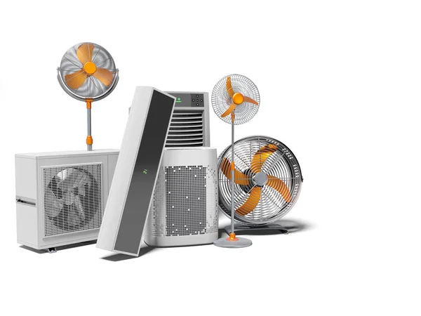 Vykreslování Koncept Ventilátory Klimatizátory Vzduchu Přenosné Klimatizátory Vzduchu Bílé Pozadí — Stock fotografie