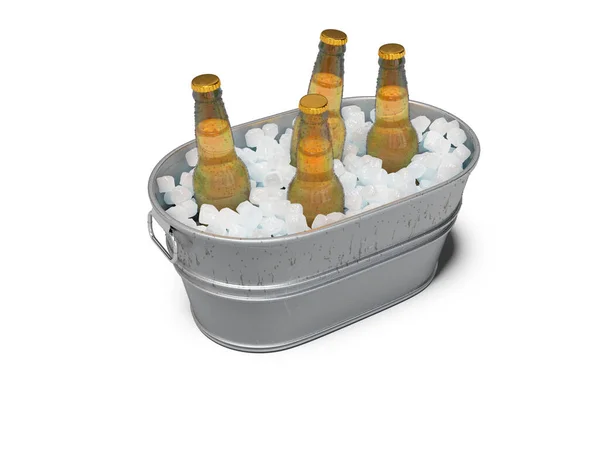 Concepto Representación Cerveza Refrigerada Cubo Hielo Sobre Fondo Blanco Con — Foto de Stock