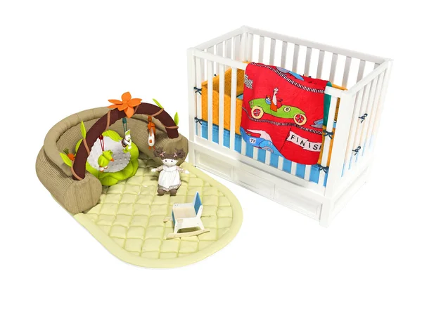 3d rendering white wooden crib for child with play mat with toys on white background no shadow