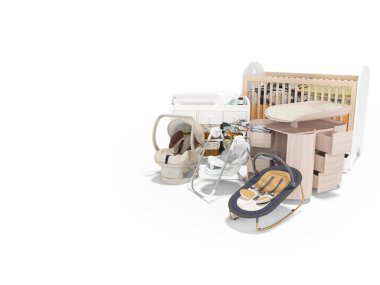 Bebek koltuğu değiştirmek için 3 boyutlu mobilya tasarımı. Beyaz bebek arka planı için gölgeli.