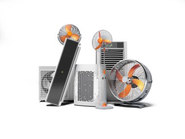 3D canlandırma konsepti turuncu yelpazeli klimalar ve taşınabilir klimalar gölgeli beyaz arka plan