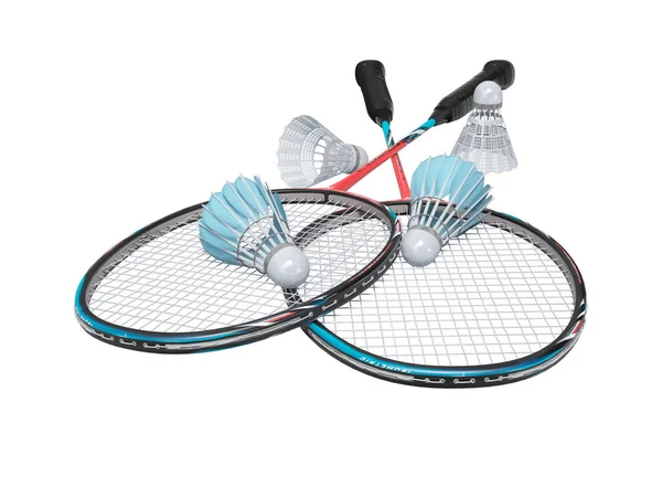 Rendering Spel Set Van Badminton Rackets Met Volwassen Shuttlecocks Witte — Stockfoto