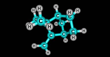 Camphene bicyclic bir monoterpene var. Su, ama çok çözünür ortak organik çözücüler neredeyse çözünmez. 3D çizim