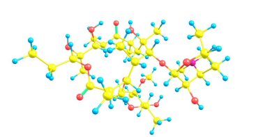 Eritromisin bakteriyel enfeksiyonların sayısı tedavisi için yararlı bir antibiyotiktir. Bu solunum yolu enfeksiyonları, deri enfeksiyonları, içerir bel soğukluğu. 3D çizim