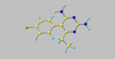 Pyrimethamine leucovorin ile Toksoplazmoz ve cystoisosporiasis tedavisinde kullanılan bir ilaçtır. 3D çizim