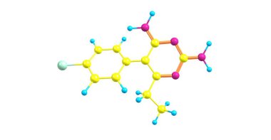 Pyrimethamine leucovorin ile Toksoplazmoz ve cystoisosporiasis tedavisinde kullanılan bir ilaçtır. 3D çizim