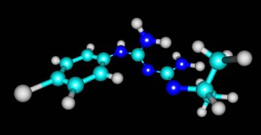 Proguanil veya chlorguanide ve chloroguanide tedavi ve sıtma önlemek için kullanılan bir ilaç var. 3D çizim