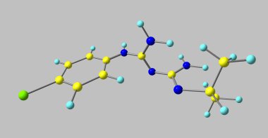 Proguanil veya chlorguanide ve chloroguanide tedavi ve sıtma önlemek için kullanılan bir ilaç var. 3D çizim