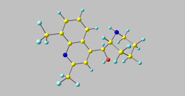 Mefloquine önlemek veya sıtma tedavisinde kullanılan bir ilaçtır. Önlenmesi için kullanıldığında haftada bir kez alınır ve bir ya da iki hafta etkilenme olasılığını ortadan kaldırmak önce başlatılmalıdır. 3D çizim