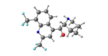Mefloquine önlemek veya sıtma tedavisinde kullanılan bir ilaçtır. Önlenmesi için kullanıldığında haftada bir kez alınır ve bir ya da iki hafta etkilenme olasılığını ortadan kaldırmak önce başlatılmalıdır. 3D çizim