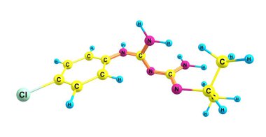 Proguanil veya chlorguanide ve chloroguanide tedavi ve sıtma önlemek için kullanılan bir ilaç var. 3D çizim