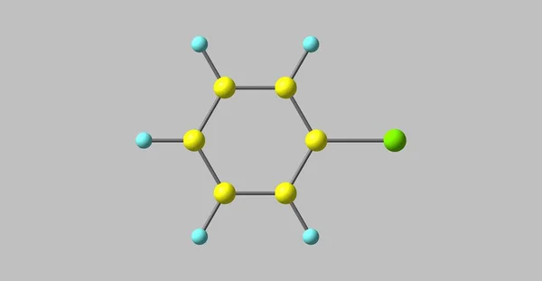 Chlorobenzene is an aromatic organic compound with the chemical formula C6H5Cl. This colorless, flammable liquid is a common solvent. 3d illustration