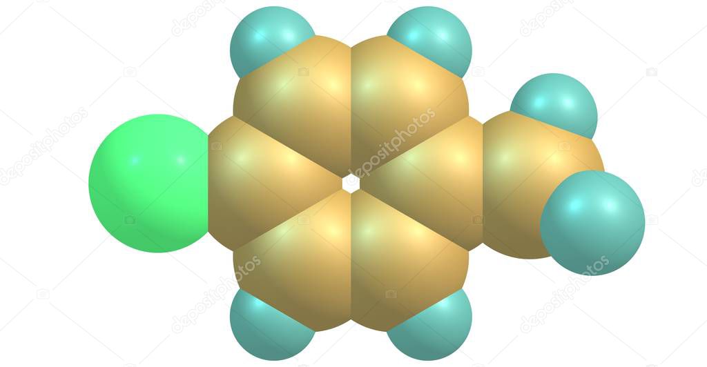 Para-chlorotoluene consist of a disubstituted benzene ring with one chlorine atom and one methyl group. 3d illustration