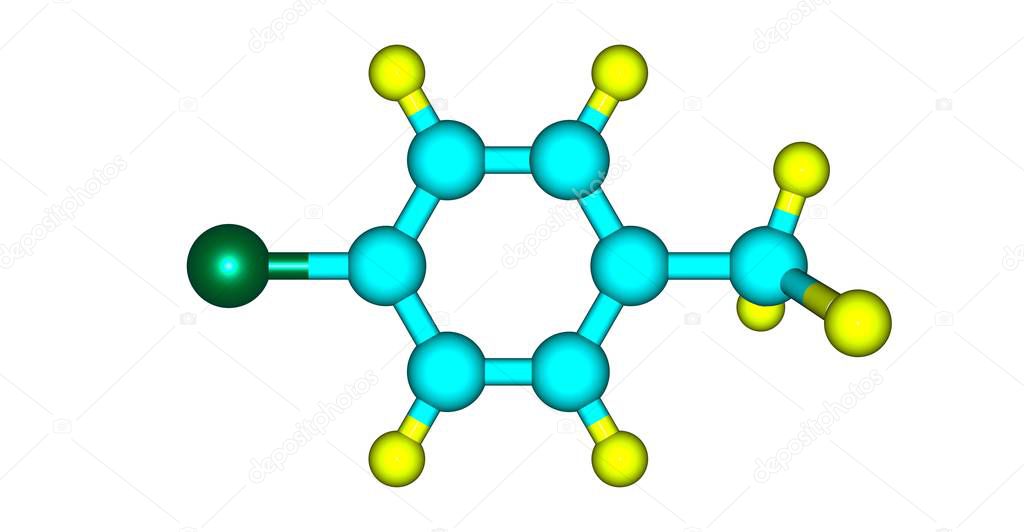 Para-chlorotoluene consist of a disubstituted benzene ring with one chlorine atom and one methyl group. 3d illustration