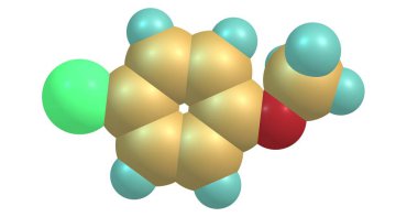 4-chloroanisole moleküler yapısı üzerinde beyaz izole. 3D çizim