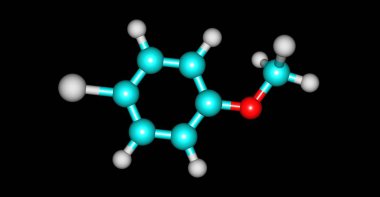 4-chloroanisole moleküler yapısı üzerinde beyaz izole. 3D çizim