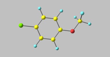 4-chloroanisole moleküler yapısı üzerinde beyaz izole. 3D çizim