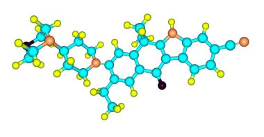 Alectinib molekül Anaplastik Lenfoma kinaz aktivitesinin engeller ve küçük hücreli olmayan akciğer kanseri tedavisi için kullanılan sözlü bir ilaçtır. 3D çizim