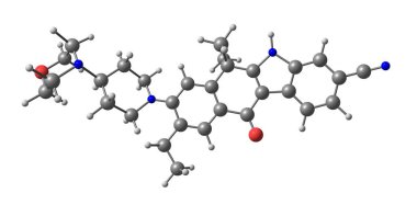 Alectinib molekül Anaplastik Lenfoma kinaz aktivitesinin engeller ve küçük hücreli olmayan akciğer kanseri tedavisi için kullanılan sözlü bir ilaçtır. 3D çizim