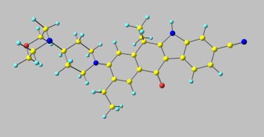 Alectinib molekül Anaplastik Lenfoma kinaz aktivitesinin engeller ve küçük hücreli olmayan akciğer kanseri tedavisi için kullanılan sözlü bir ilaçtır. 3D çizim