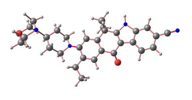 Alectinib molekül Anaplastik Lenfoma kinaz aktivitesinin engeller ve küçük hücreli olmayan akciğer kanseri tedavisi için kullanılan sözlü bir ilaçtır. 3D çizim