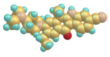 Alectinib molekül Anaplastik Lenfoma kinaz aktivitesinin engeller ve küçük hücreli olmayan akciğer kanseri tedavisi için kullanılan sözlü bir ilaçtır. 3D çizim