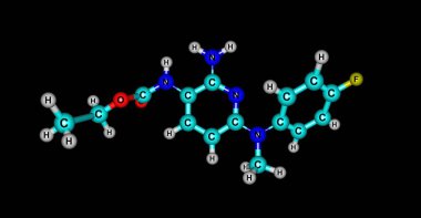 Flupirtine olduğu gibi bir merkezi olarak faal çalışan bir aminopyridine bir analjezik akut ve kronik ağrı için başlangıçta kullanılan opioid dışındaki ağrı kesici. 3D çizim