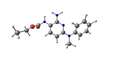 Flupirtine olduğu gibi bir merkezi olarak faal çalışan bir aminopyridine bir analjezik akut ve kronik ağrı için başlangıçta kullanılan opioid dışındaki ağrı kesici. 3D çizim