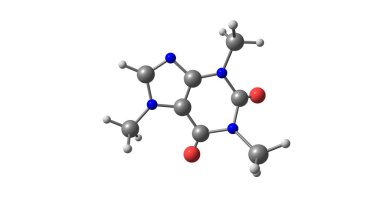 Kafein, bir merkezi sinir sistemi uyarıcı methylxanthine sınıfının moleküldür. 3D çizim