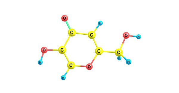 Kojic acid is a chelation agent produced by several species of fungi. 3d illustration