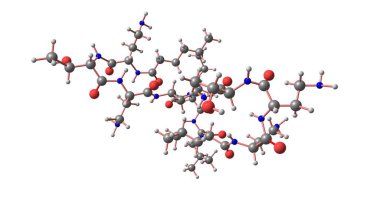 Kolistin veya polimiksin E bakteri Paenibacillus polymyxa belirli suşları tarafından üretilen bir antibiyotiktir. 3D çizim
