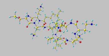 Kolistin veya polimiksin E bakteri Paenibacillus polymyxa belirli suşları tarafından üretilen bir antibiyotiktir. 3D çizim