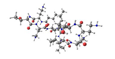 Kolistin veya polimiksin E bakteri Paenibacillus polymyxa belirli suşları tarafından üretilen bir antibiyotiktir. 3D çizim
