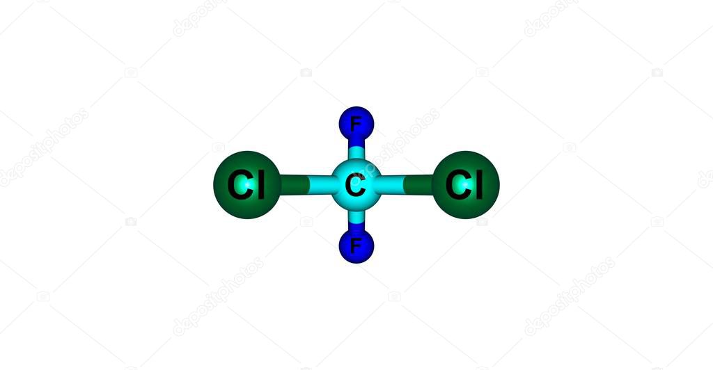 Dichlorodifluoromethane or Freon-12 is a colorless gas used as a refrigerant and aerosol spray propellant. 3d illustration