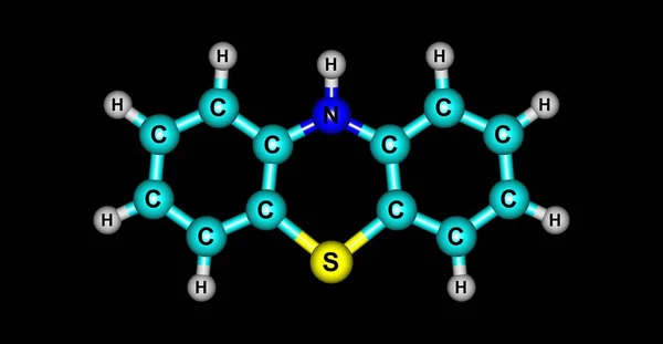 Phenothiazine or PTZ is an organic compound that is related to the thiazine-class of heterocyclic compounds. 3d illustration